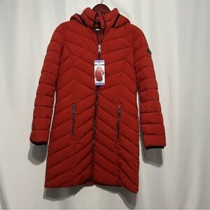 DKNY Womens Puffer Long Coat Sz XS Rust Orange Winter Hood Zipper Pockets